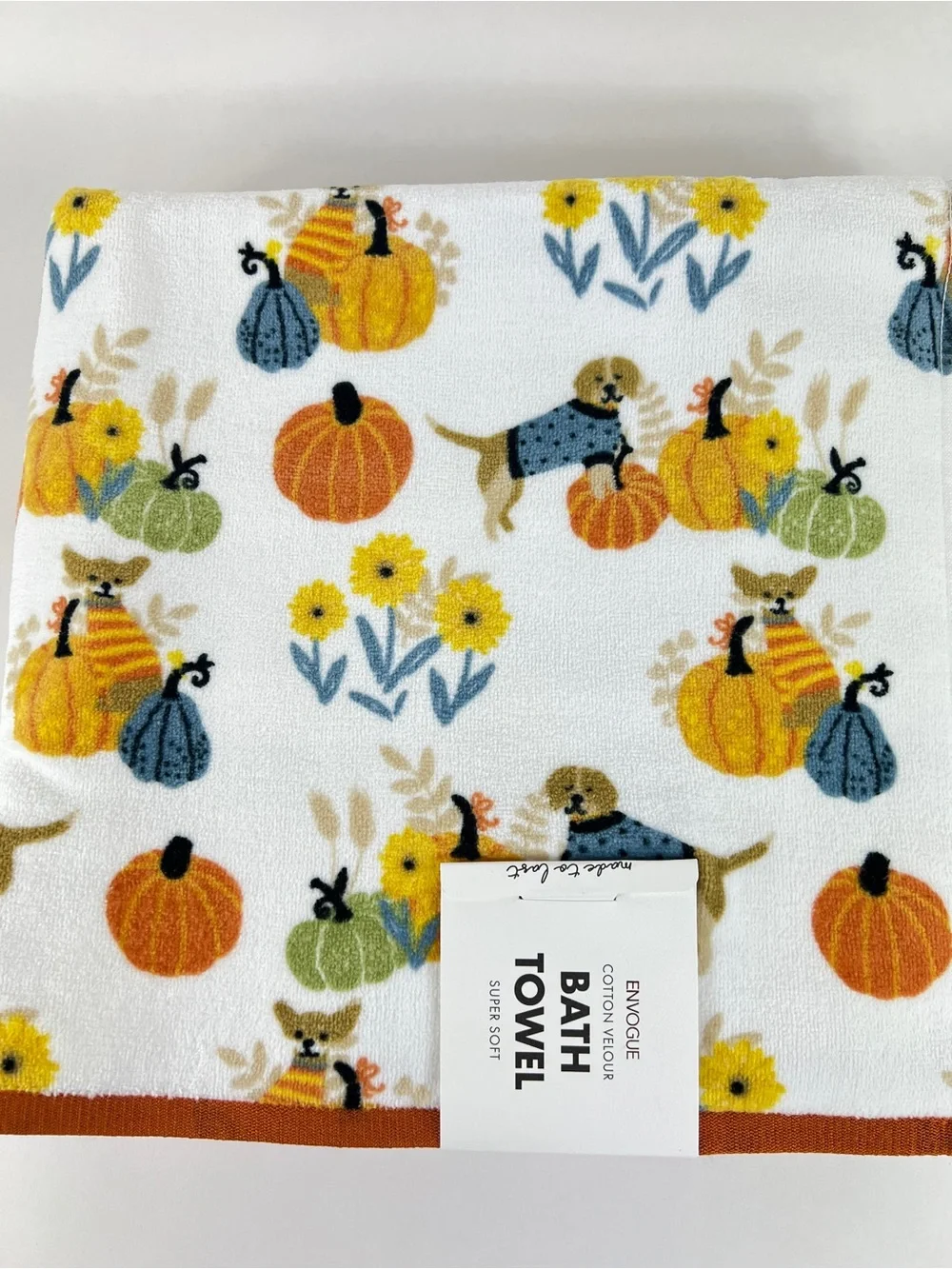 Envogue Bath Towel Set Pumpkin Puppies Fall Colors Soft Cotton Velour 4 Pc NEW